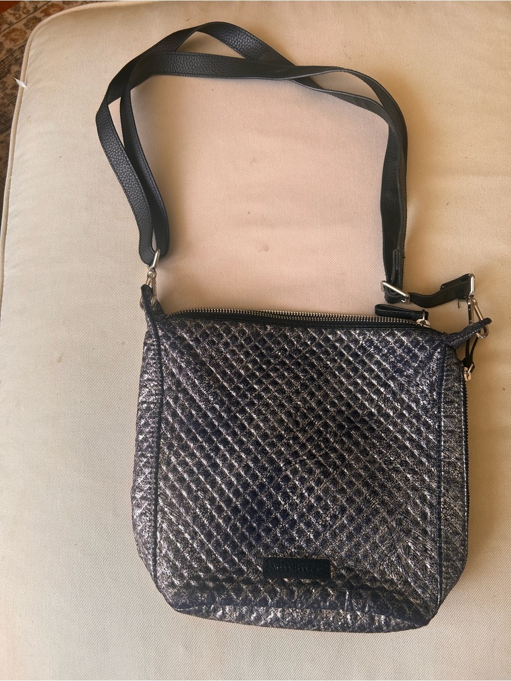 Vera Bradley Carson Crossbody Silver Denim Metallic Woven Zip Purse Boho Glam